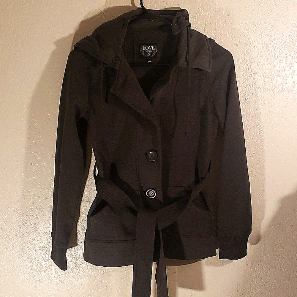 Love Culture coat belt removable hood womans small gray